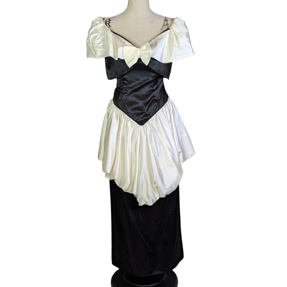 Vintage 80s Satin Prom Dress Removable Bow Bolero Jacket Black White Maxi